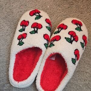 Cozy Red and White Slippers with Cherry Design